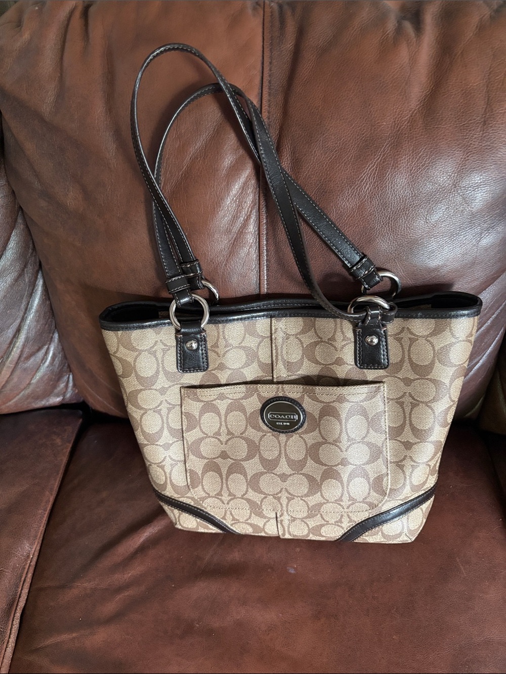 Coach Beige Signature Tote with Dark Brown Handles
